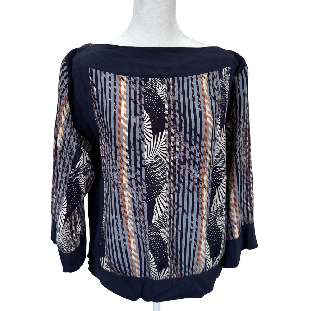 Argenti for Casual Corner 100% Silk Blouse Navy Multicolor Abstract Print Sz 8